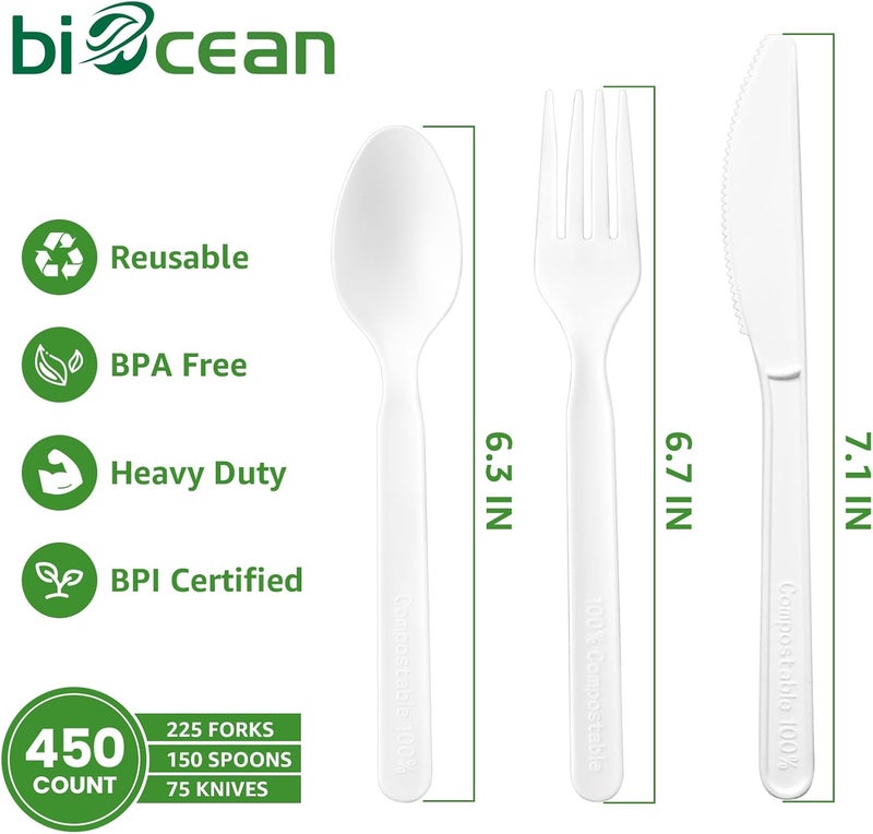 biocean 450 Counts Compostable Forks Spoons Knives Set Disposable Forks Utensils Heavy Duty Knives Silverware Eco Friendly Flatware for Party Camping Picnics White forks spoons and knives set - Image 2